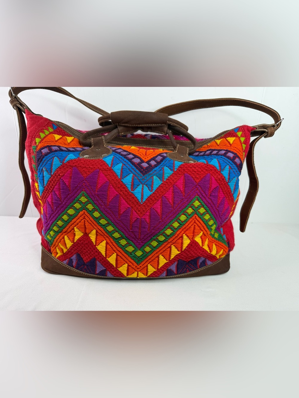 Artesanias Maya Huipil Handmade Weekender Tote Suede Leather Unique Colorful